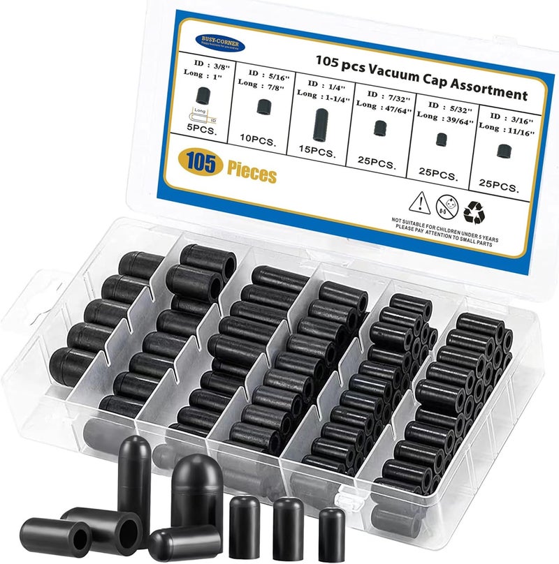 BUSY-CORNER 105 Pieces Vacuum Cap Assortment Kit, Dropper ID 3/8'' 5/16'' 1/4'' 7/32'' 5/32'' 3/16'', Hose Caps Kit for Car Carburetor Manifold - Image 1